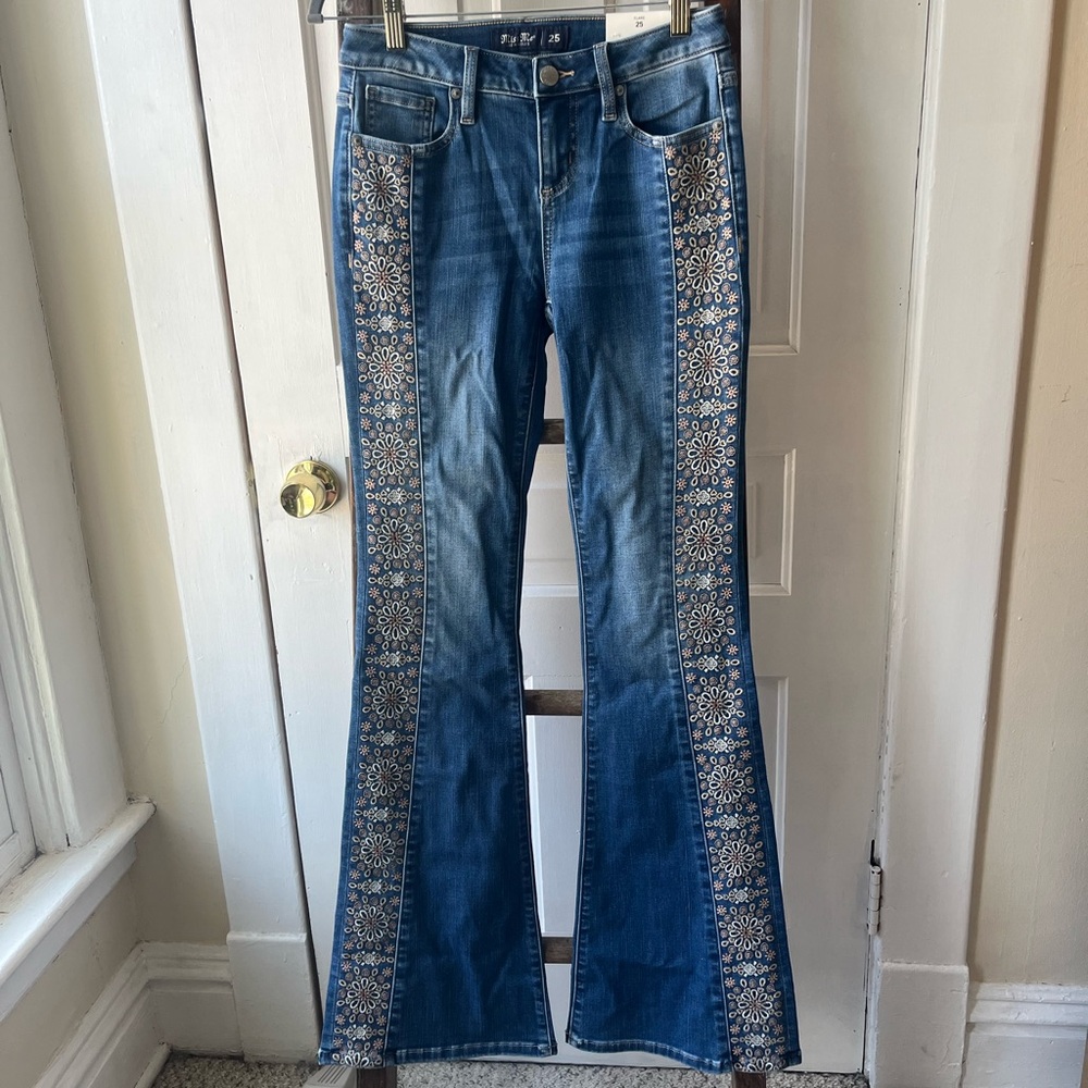 Miss Me Mid-Rise Flare Jeans with Floral Embroidery